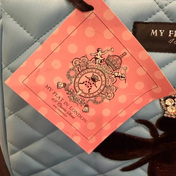 NWT My Flat in London Light Blue Quilted Blue Handbag/Tote with brown velvet bee